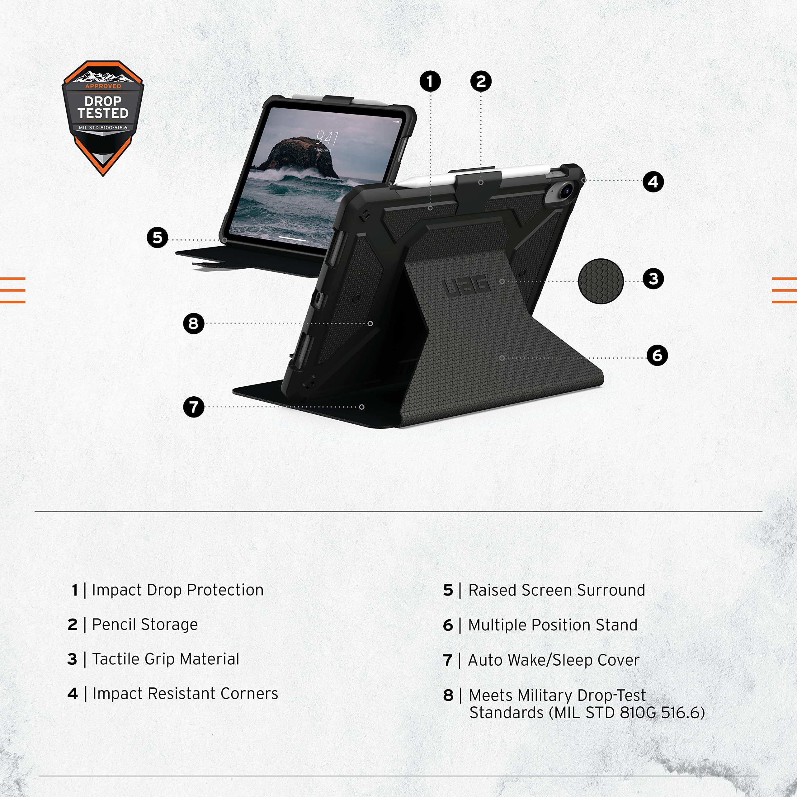 UAG Designed for iPad 10.9” 10th Gen 2022 Case Metropolis Black with Adjustable Stand and Pencil Holder Rugged Non-slip Tactile Grip Exterior Heavy Duty Protective Folio Cover by URBAN ARMOR GEAR