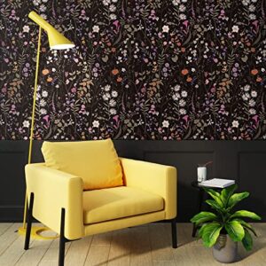 Wallpaper Self-Adhesive Blooming Vintage Colourful Flowers Wall Paper for Bedroom Living Room Cabinet, Peel and Stick Beige Sketch Little Flowers Wallpaper Mural 7.1 sq. feet (17.3''''x59.1'', Black)