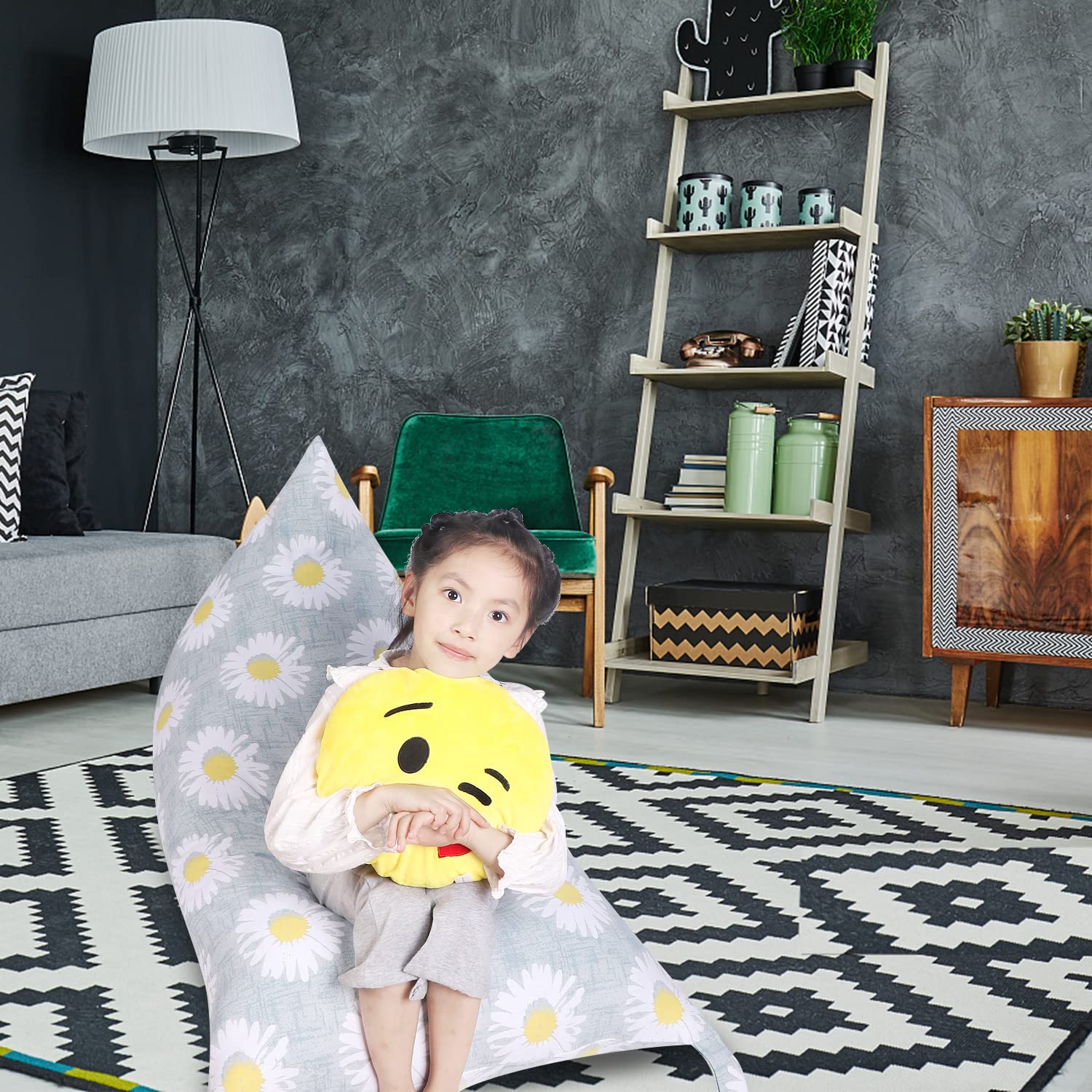 LOLOMLO Stuffed Animal Storage Bean Bag Chair Cover, Canvas Daisy Plush Toy Storage Stuff and Sit Seat for Kids/Teens/Adults, 52" x 31" Extra Large Triangle Floor Sofa Lounger, 200L/52Gal, Cover Only