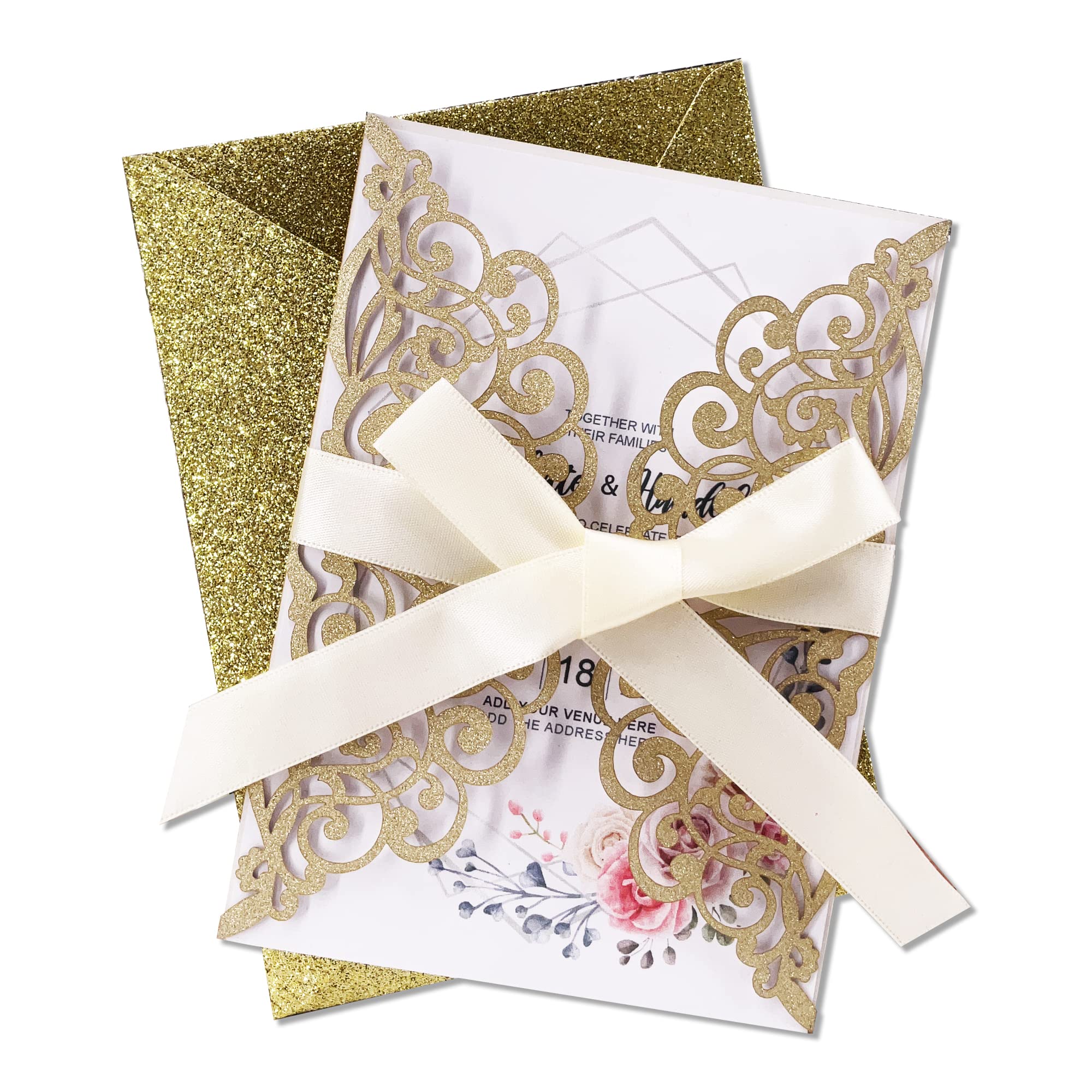 Fashmade 50Pcs Laser Cut Wedding Invitation With Glitter Envelopes And Ribbons Blank Personalized Card Invitaciones Para quinceañera Birthday Baby Shower Christmas Party Bridal Shower (Gold)