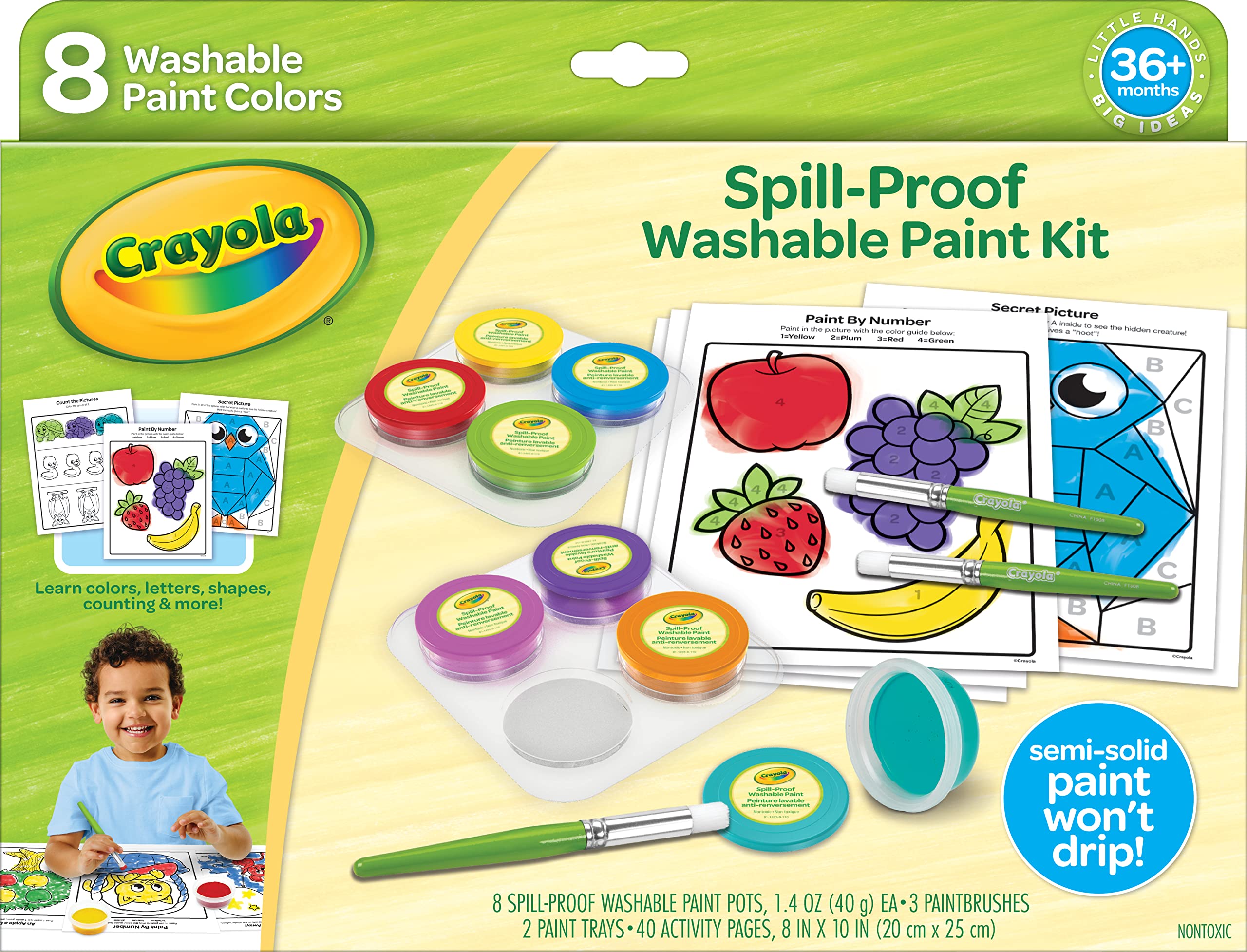 Crayola Spill Proof Paint Set (8ct), Washable Toddler Paint Kit, with Activity Pages, Kids Paint Brushes, Paint Pots, Ages 3+