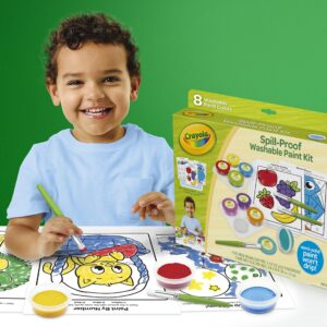 Crayola Spill Proof Paint Set (8ct), Washable Toddler Paint Kit, with Activity Pages, Kids Paint Brushes, Paint Pots, Ages 3+