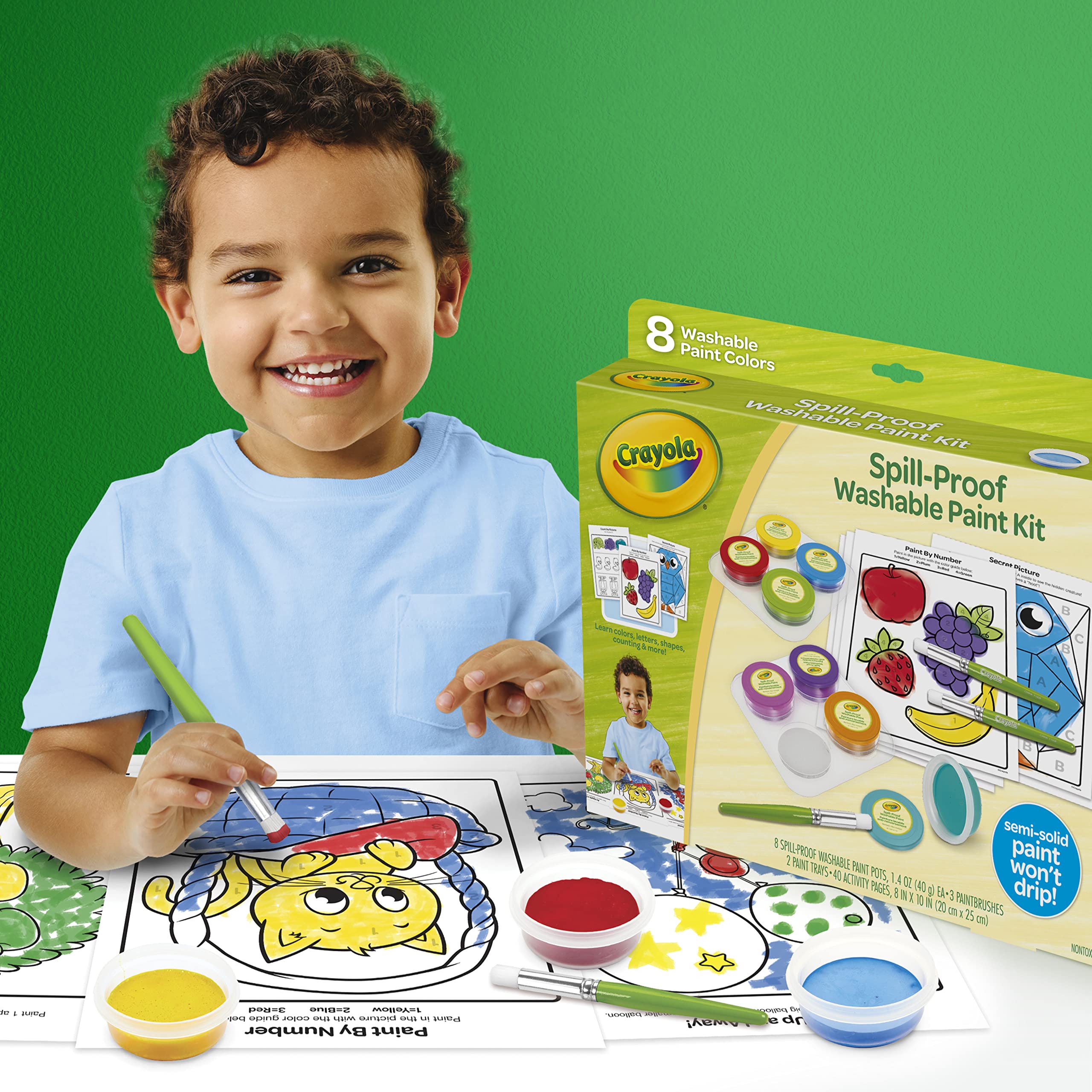 Crayola Spill Proof Paint Set (8ct), Washable Toddler Paint Kit, with Activity Pages, Kids Paint Brushes, Paint Pots, Ages 3+