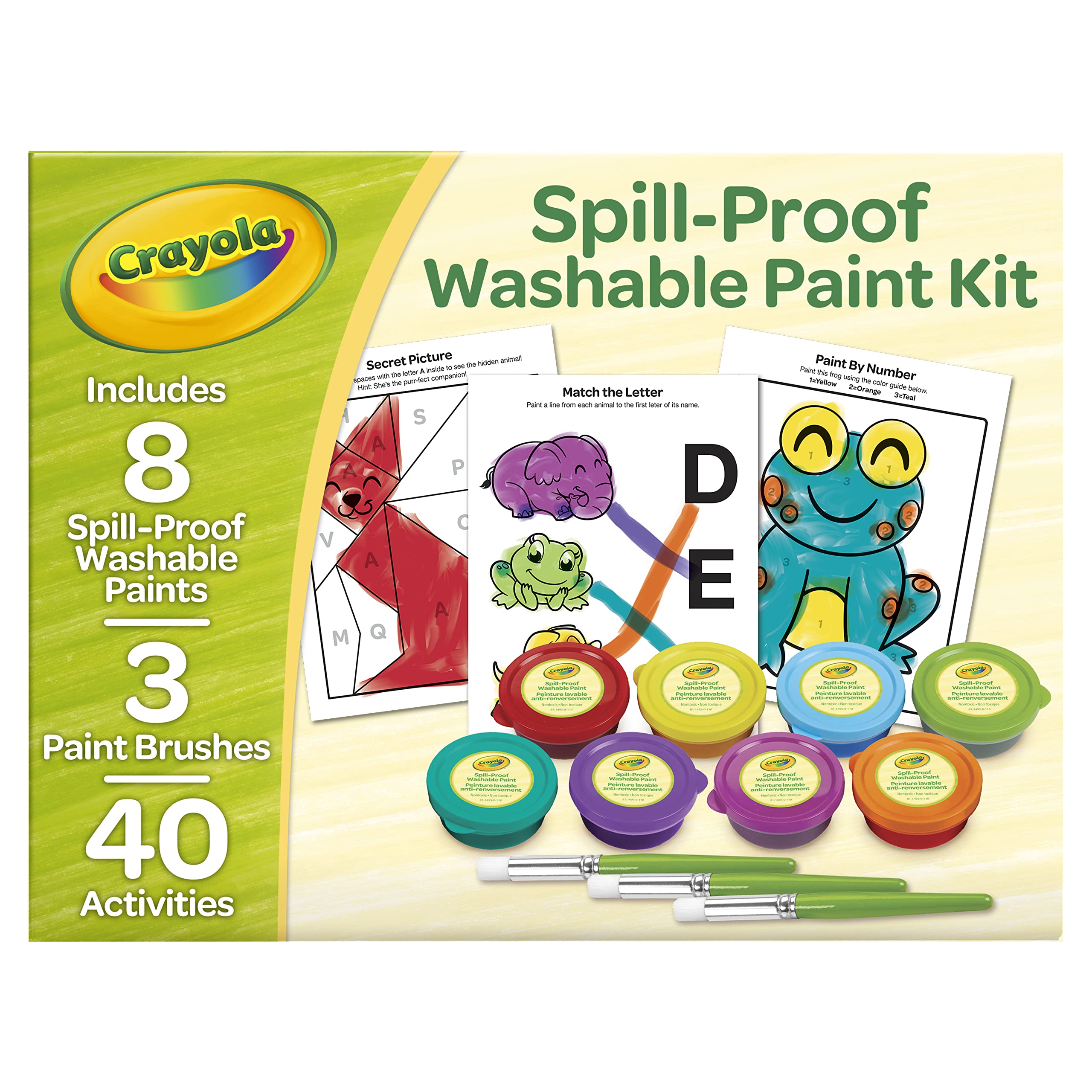 Crayola Spill Proof Paint Set (8ct), Washable Toddler Paint Kit, with Activity Pages, Kids Paint Brushes, Paint Pots, Ages 3+