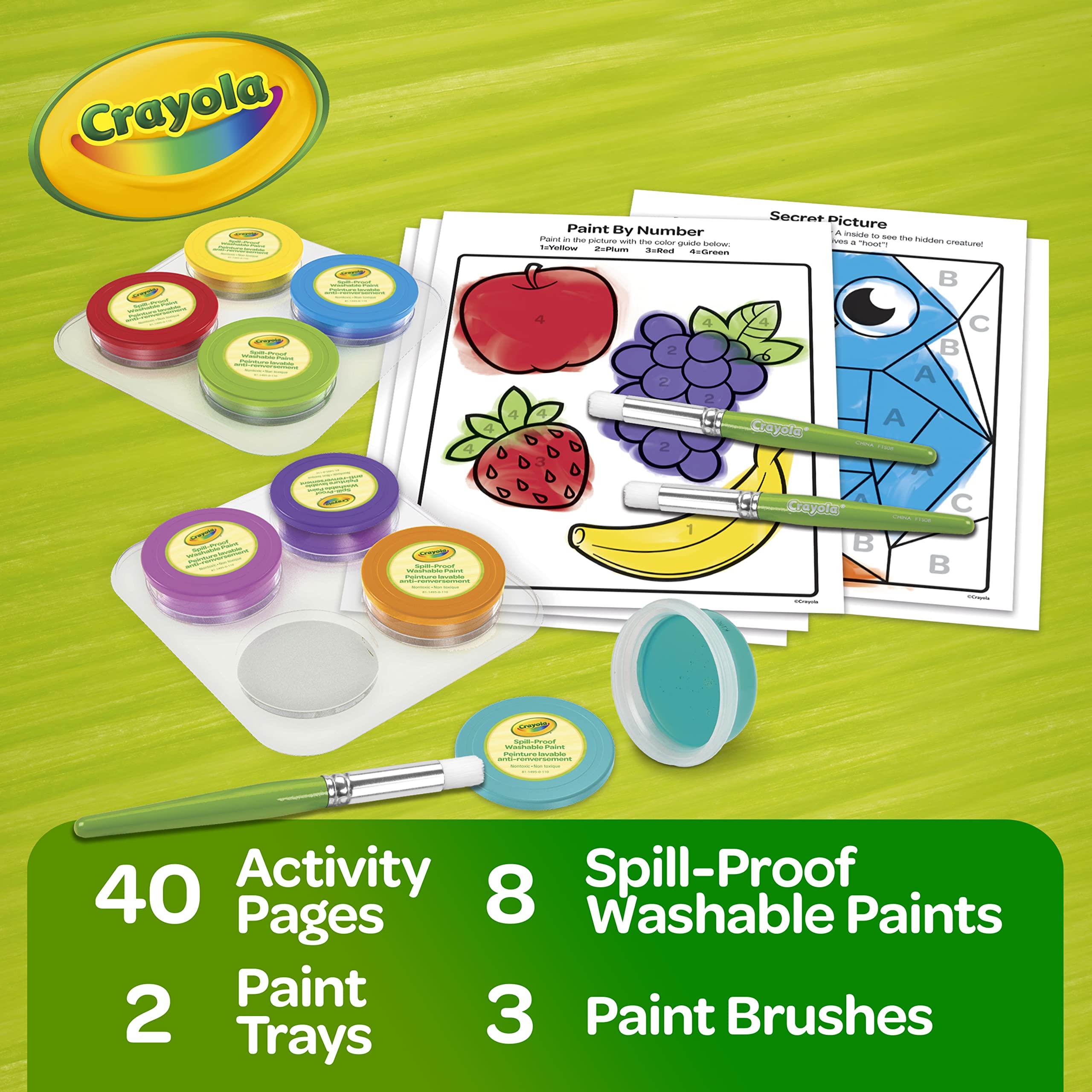 Crayola Spill Proof Paint Set (8ct), Washable Toddler Paint Kit, with Activity Pages, Kids Paint Brushes, Paint Pots, Ages 3+