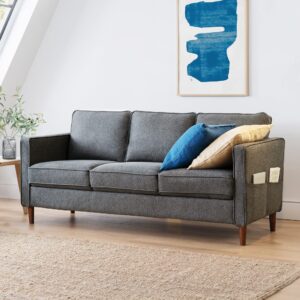 mellow hana modern linen fabric sofa couch with armrest pockets, dark heather grey