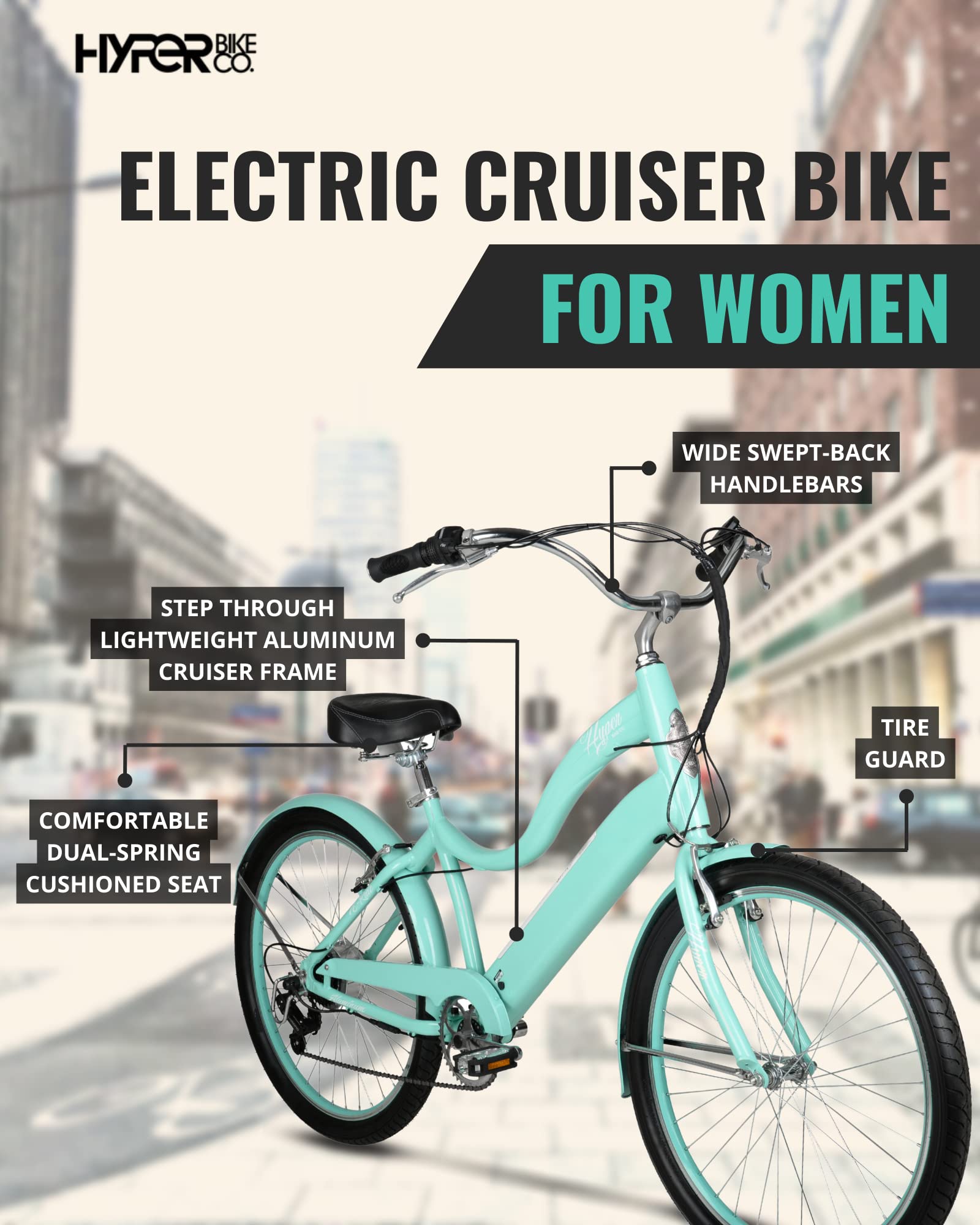 Hyper Bicycles E-Ride 26" Ladies 36V Electric Cruiser E-Bike with Pedal-Assist, 250W Motor, Turquoise