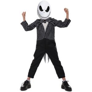 Jack Costume Kids Boys The Skeleton Skellington Jumpsuit and Mask Outfits Christmas Halloween Cosplay Props (M)