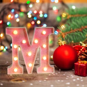 Foaky LED Letter Lights Sign Light Up Pink Letters Glitter Alphabet Letter Sign for Night Light Wedding/Birthday Party Battery Powered Christmas Lamp Girls Gifts Home Bar Decoration（R）