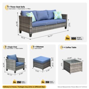 ovios Patio Furniture Set 6-Pieces Outdoor Wicker Sofa Couch with Glass Table Comfy Cushions Rattan Conversation Set for Backyard Deck Porch, Denim Blue