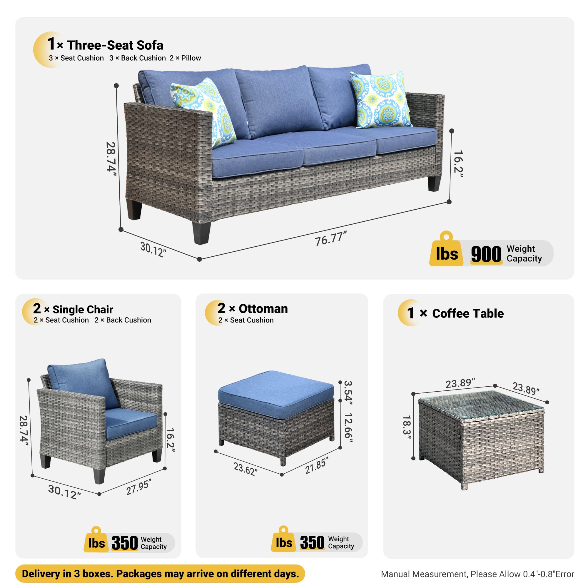 ovios Patio Furniture Set 6-Pieces Outdoor Wicker Sofa Couch with Glass Table Comfy Cushions Rattan Conversation Set for Backyard Deck Porch, Denim Blue