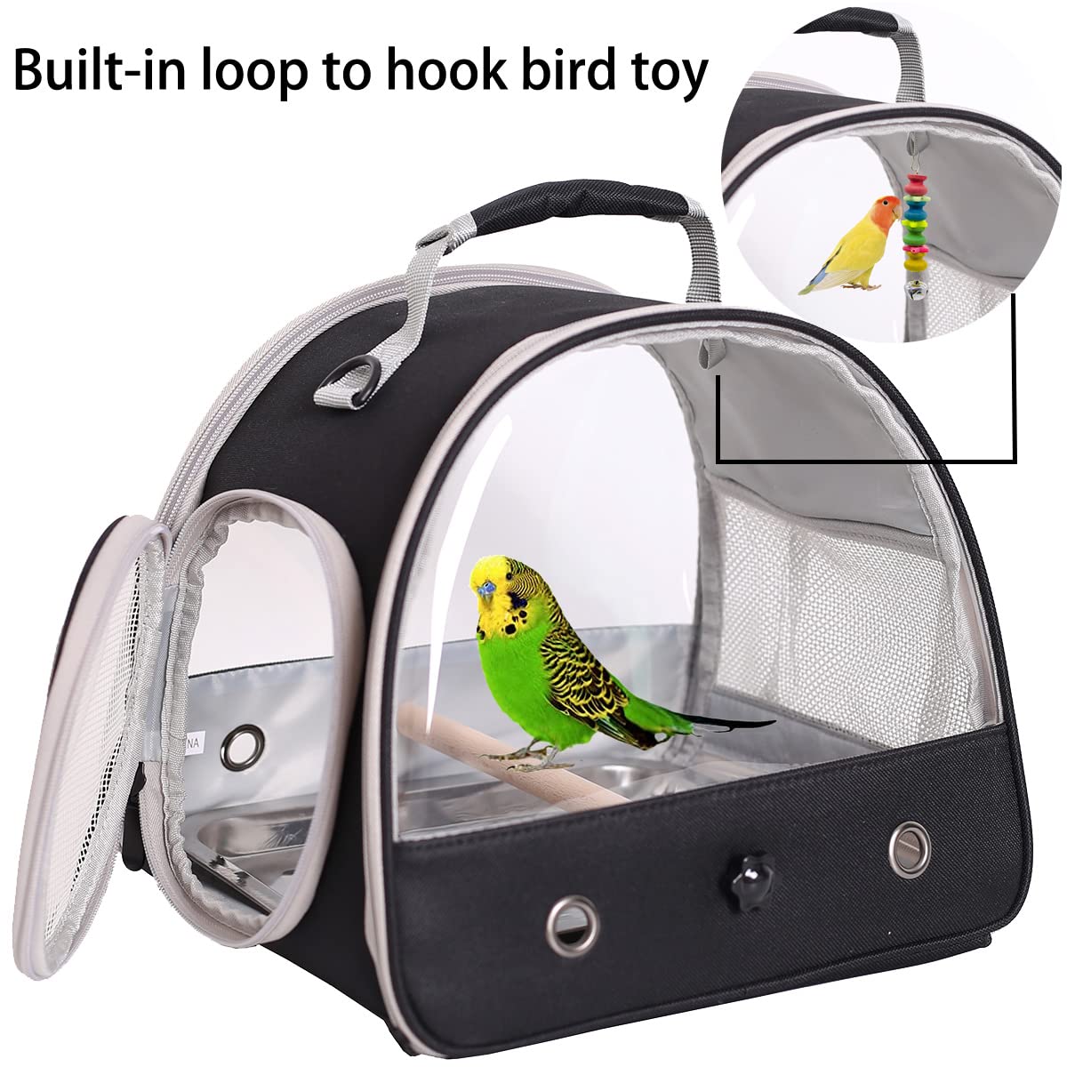 Bird Travel Carrier, Portable Small Bird Parrot Parakeet Carrier with Standing Perch and Stainless Steel Tray, Side Access Window Collapsible