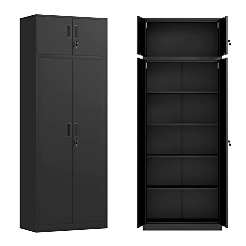 JINKUR Metal Storage Cabinet with Locking Doors and 4 Adjustable Shelves, 86.6-Inch Extra Tall Lockable Steel Storage Cabinets for Home Office Garage Kitchen Pantry (Black)