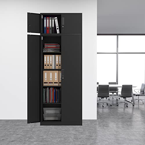 JINKUR Metal Storage Cabinet with Locking Doors and 4 Adjustable Shelves, 86.6-Inch Extra Tall Lockable Steel Storage Cabinets for Home Office Garage Kitchen Pantry (Black)