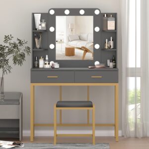 Makeup Vanity with Lighted Mirror, Black Vanity Mirror with Lights and Table Set, Vanity Set with 10 LED,Vanity Desk with 3 Lighting Modes and 2 Drawers&Cushioned Stool for Bedroom