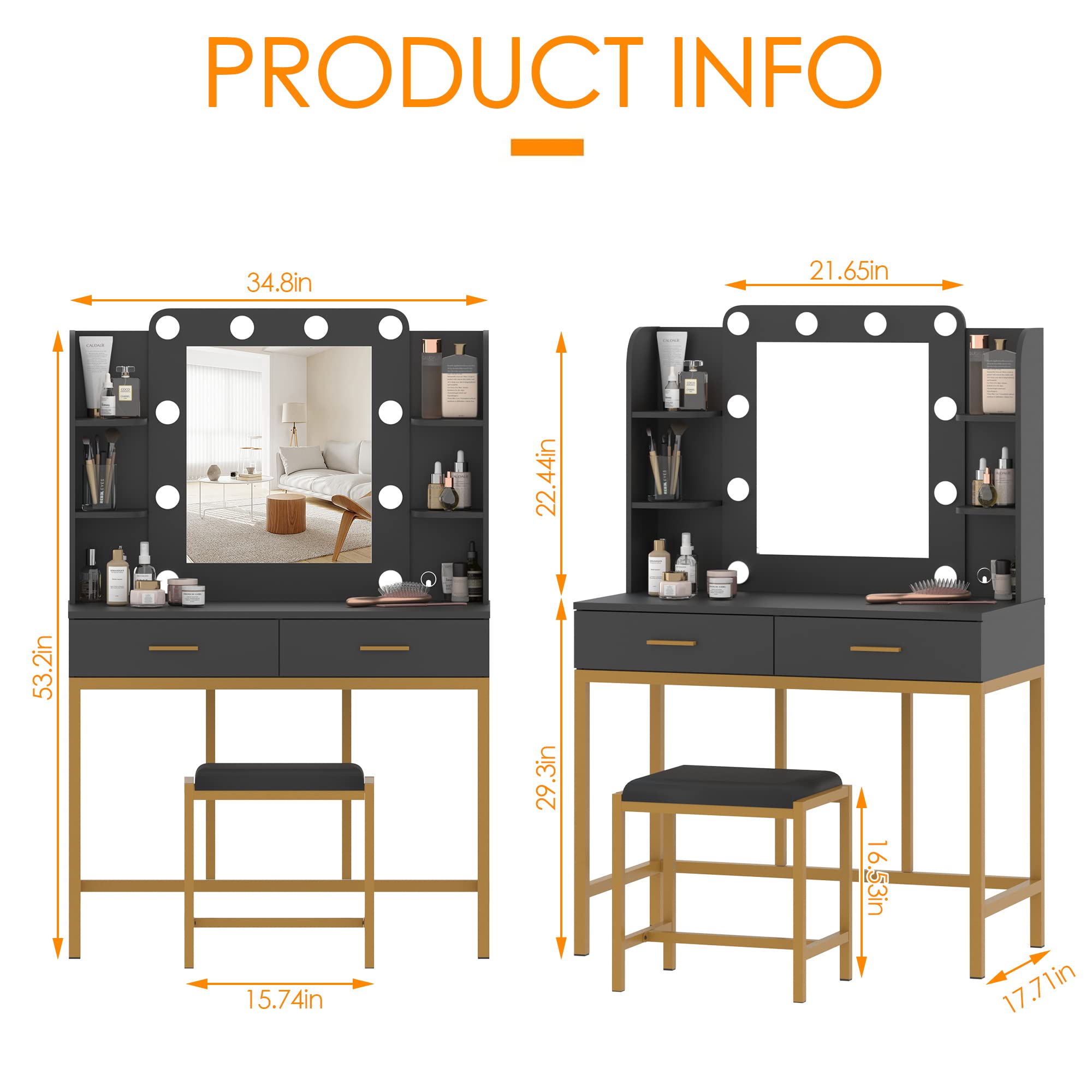 Makeup Vanity with Lighted Mirror, Black Vanity Mirror with Lights and Table Set, Vanity Set with 10 LED,Vanity Desk with 3 Lighting Modes and 2 Drawers&Cushioned Stool for Bedroom