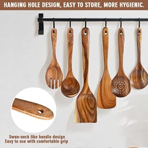 Wooden Spoons for Cooking WOODME 6pcs Wooden Kitchen Utensils Set,Natural Teak Wooden Spoons Cooking Utensil Set For Non Stick Pan With 6 Hooks & 1PCS Kitchen Dish Towels