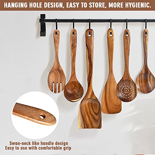 Wooden Spoons for Cooking WOODME 6pcs Wooden Kitchen Utensils Set,Natural Teak Wooden Spoons Cooking Utensil Set For Non Stick Pan With 6 Hooks & 1PCS Kitchen Dish Towels