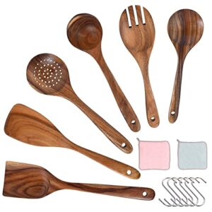 wooden spoons for cooking woodme 6pcs wooden kitchen utensils set,natural teak wooden spoons cooking utensil set for non stick pan with 6 hooks & 1pcs kitchen dish towels