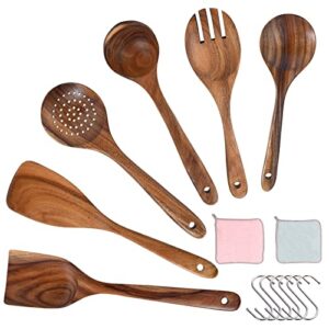 Wooden Spoons for Cooking WOODME 6pcs Wooden Kitchen Utensils Set,Natural Teak Wooden Spoons Cooking Utensil Set For Non Stick Pan With 6 Hooks & 1PCS Kitchen Dish Towels