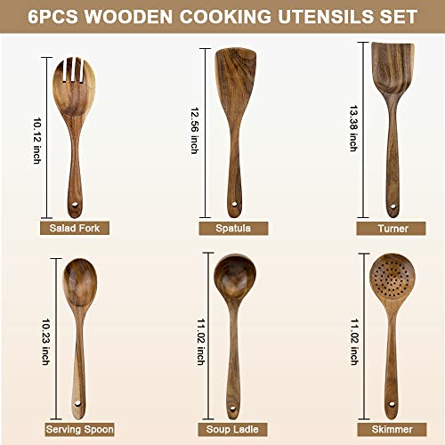 Wooden Spoons for Cooking WOODME 6pcs Wooden Kitchen Utensils Set,Natural Teak Wooden Spoons Cooking Utensil Set For Non Stick Pan With 6 Hooks & 1PCS Kitchen Dish Towels