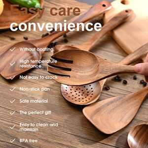 Wooden Spoons for Cooking WOODME 6pcs Wooden Kitchen Utensils Set,Natural Teak Wooden Spoons Cooking Utensil Set For Non Stick Pan With 6 Hooks & 1PCS Kitchen Dish Towels