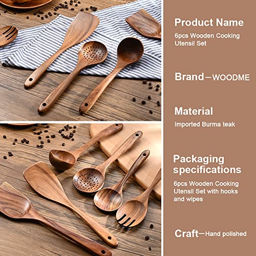 Wooden Spoons for Cooking WOODME 6pcs Wooden Kitchen Utensils Set,Natural Teak Wooden Spoons Cooking Utensil Set For Non Stick Pan With 6 Hooks & 1PCS Kitchen Dish Towels