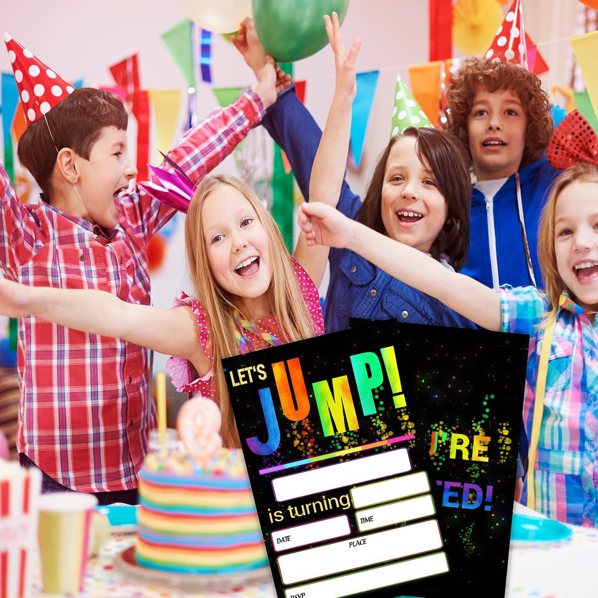 SHLINCO Let's Jump Birthday party Invitations, 4 x 6 inch Glow Trampoline Jump Party Invitation Cards(20 Cards + Envelopes)