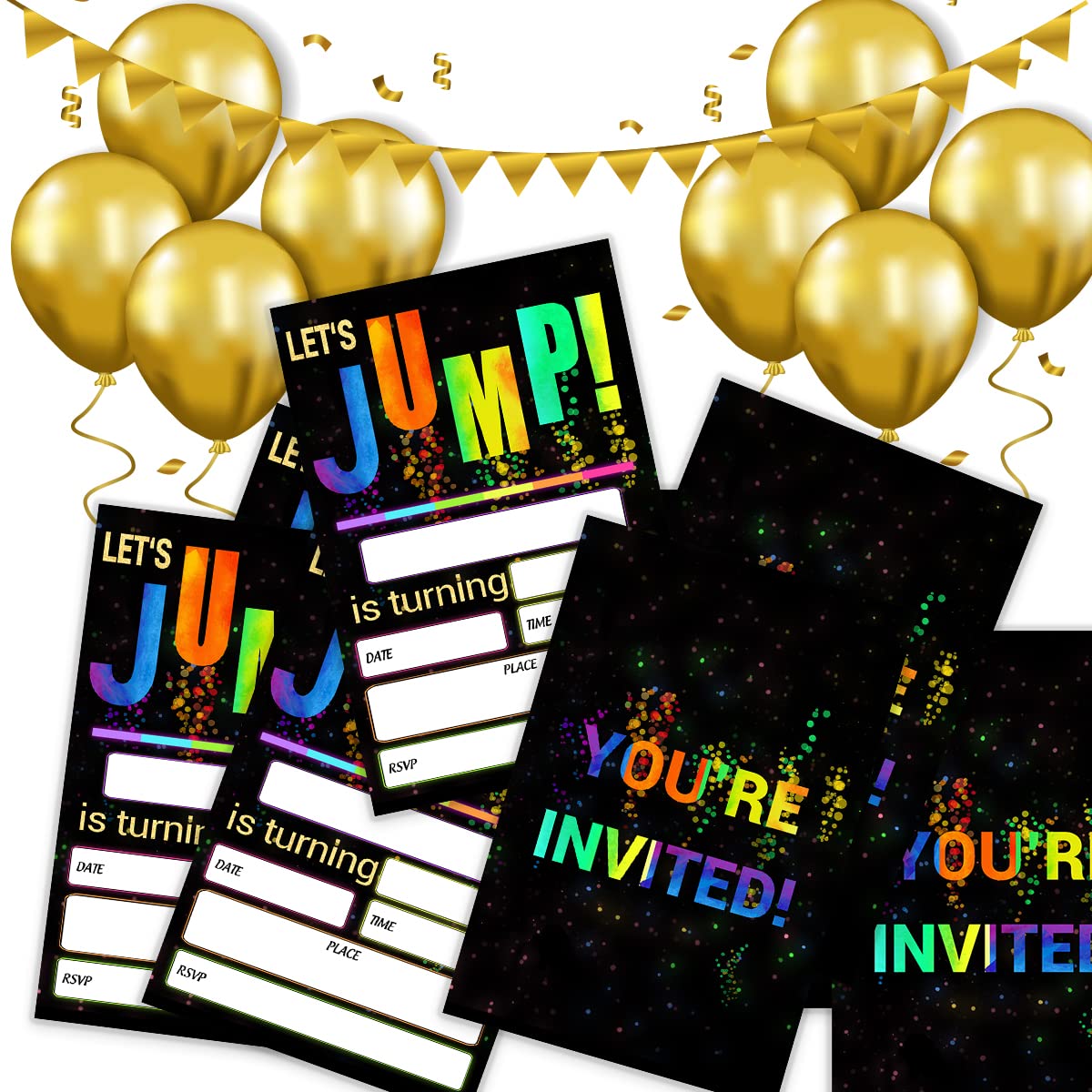 SHLINCO Let's Jump Birthday party Invitations, 4 x 6 inch Glow Trampoline Jump Party Invitation Cards(20 Cards + Envelopes)