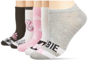 barbie womens 5 pack no show casual sock, black assorted, 9-11 us