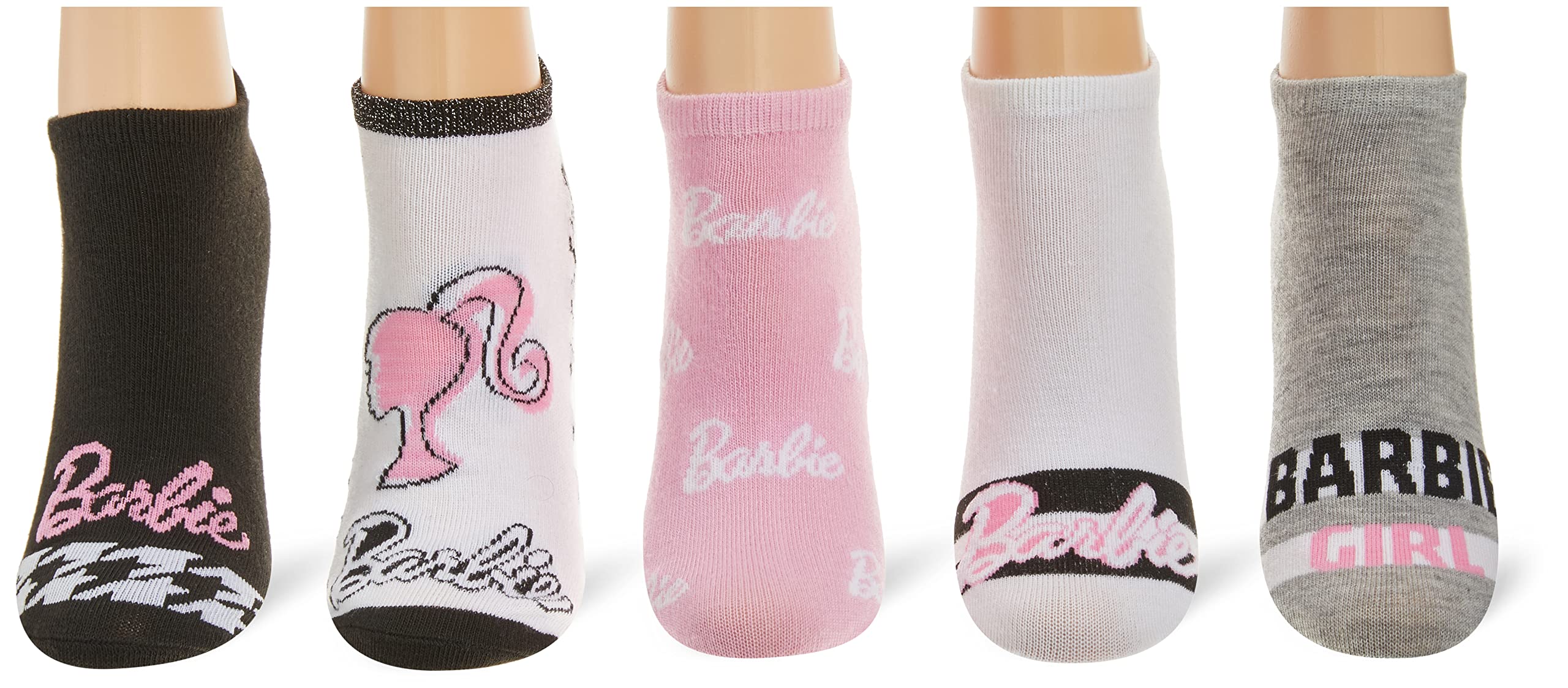 Barbie Womens 5 Pack No Show Casual Sock, Black Assorted, 9-11 US