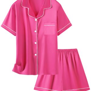 Schbbbta Satin Pajamas for Womens, 2 Pcs Sleepwear Short Sleeve Silk Satin Pajama Outfit for Girls, Hot Pink, US S