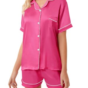 Schbbbta Satin Pajamas for Womens, 2 Pcs Sleepwear Short Sleeve Silk Satin Pajama Outfit for Girls, Hot Pink, US S