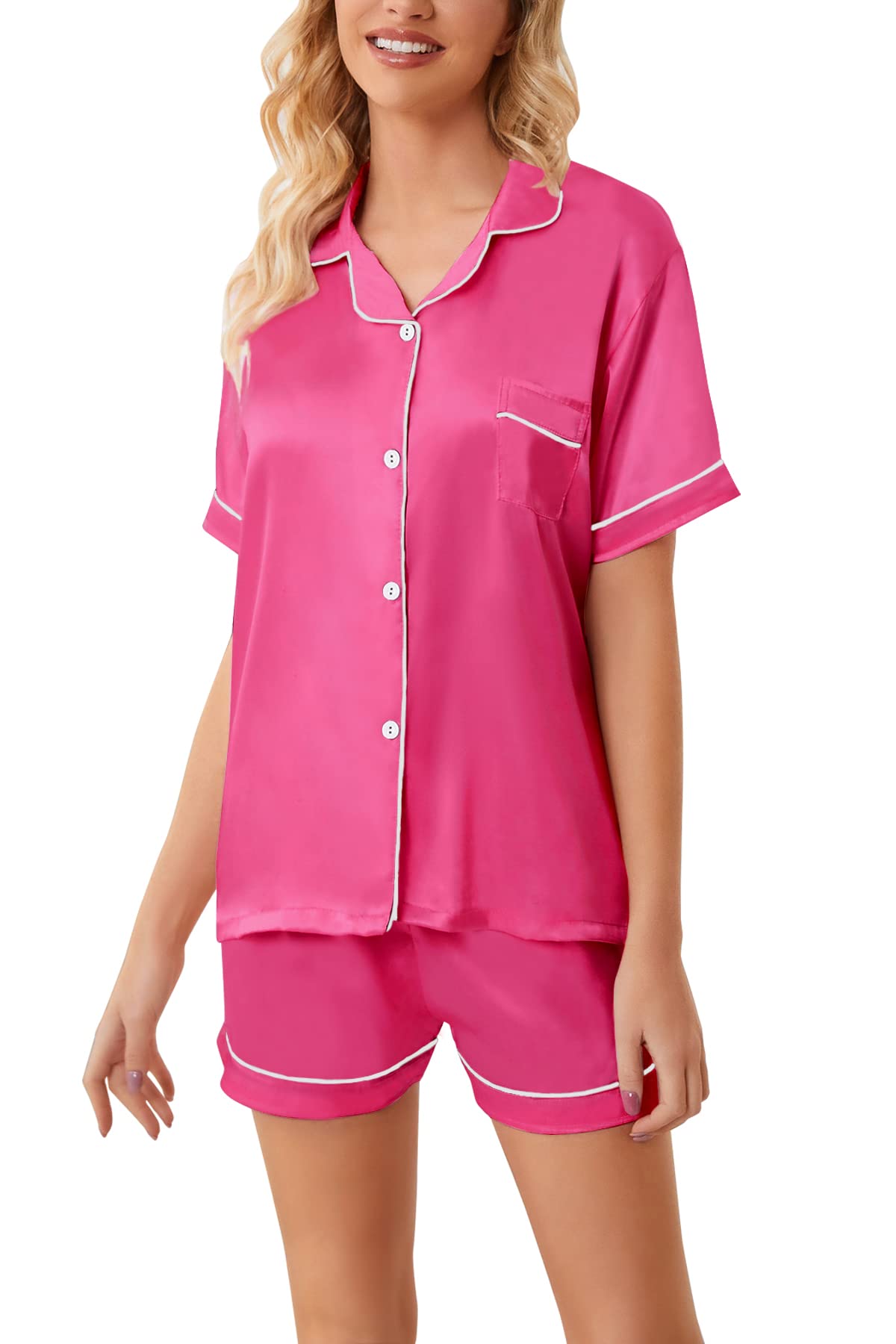 Schbbbta Satin Pajamas for Womens, 2 Pcs Sleepwear Short Sleeve Silk Satin Pajama Outfit for Girls, Hot Pink, US S