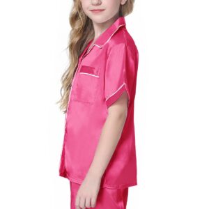 Schbbbta Satin Pajamas for Womens, 2 Pcs Sleepwear Short Sleeve Silk Satin Pajama Outfit for Girls, Hot Pink, US S