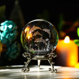 ZEERSHEE 60mm Dolphin Crystal Ball with stand 3D Glass Laser Dolphins Decorative Ball Glass Dolphin Figurines Paperweight Christmas Dolphin Gifts for Kids Women