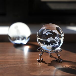 ZEERSHEE 60mm Dolphin Crystal Ball with stand 3D Glass Laser Dolphins Decorative Ball Glass Dolphin Figurines Paperweight Christmas Dolphin Gifts for Kids Women