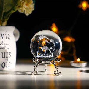 ZEERSHEE 60mm Dolphin Crystal Ball with stand 3D Glass Laser Dolphins Decorative Ball Glass Dolphin Figurines Paperweight Christmas Dolphin Gifts for Kids Women