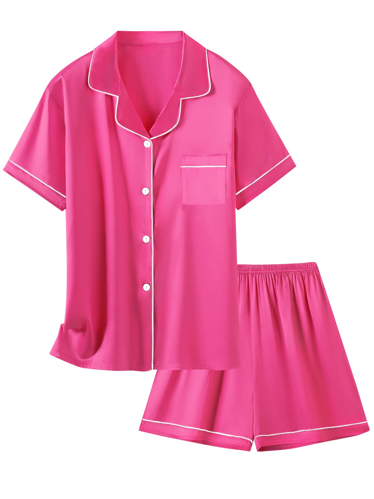 Schbbbta Satin Pajamas for Womens, 2 Pcs Sleepwear Short Sleeve Silk Satin Pajama Outfit for Girls, Hot Pink, US L