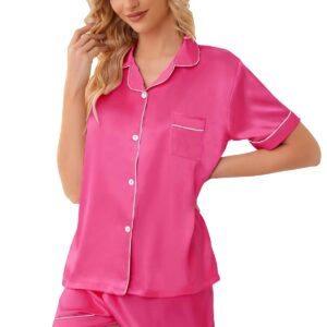 Schbbbta Satin Pajamas for Womens, 2 Pcs Sleepwear Short Sleeve Silk Satin Pajama Outfit for Girls, Hot Pink, US L