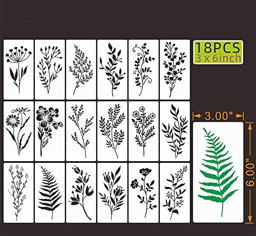 18Pcs Wildflower Stencils Flower Leaf Painting Stencils Reusable Wild Flower Stencil Plastic Art Drawing Templates DIY Crafts Plant Stencil for Painting on Wood Wall Door Canvas Home Decor