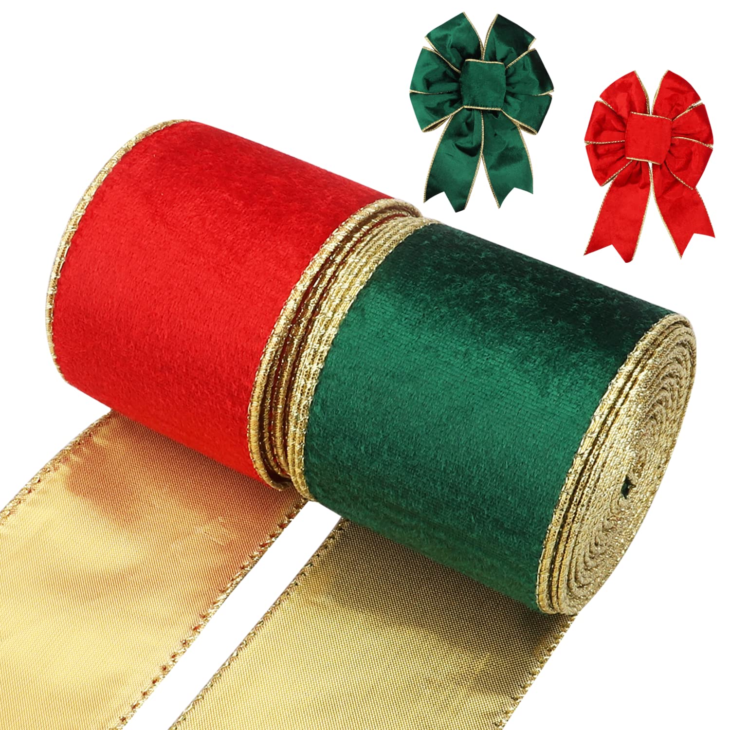 2 Rolls Christmas Ribbons, Red Green Christmas Velvet Ribbons Gold Trim, Velvet Wired Ribbons for Xmas Wrapping DIY Crafts Winter Christmas Festival Decor