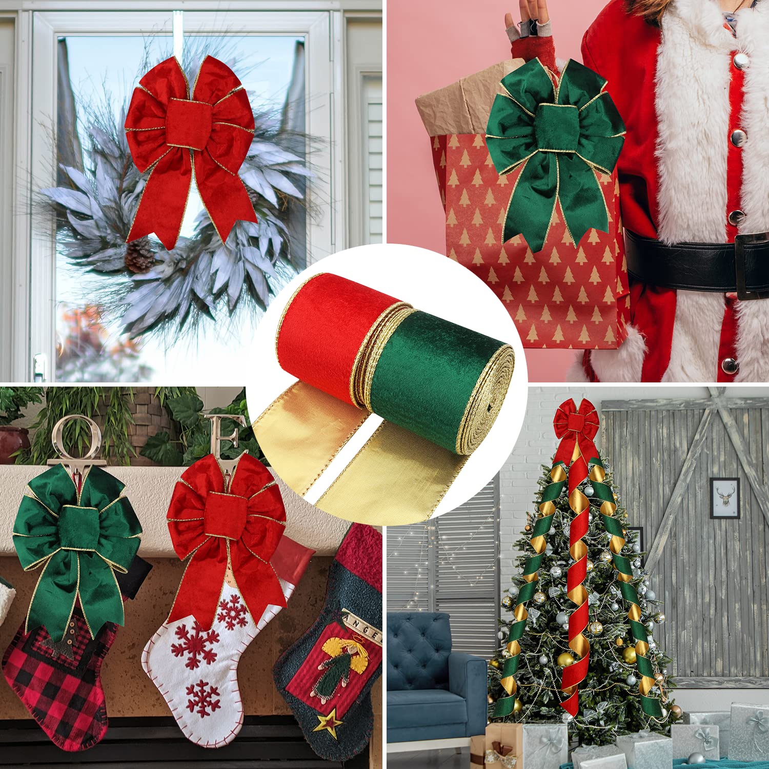 2 Rolls Christmas Ribbons, Red Green Christmas Velvet Ribbons Gold Trim, Velvet Wired Ribbons for Xmas Wrapping DIY Crafts Winter Christmas Festival Decor