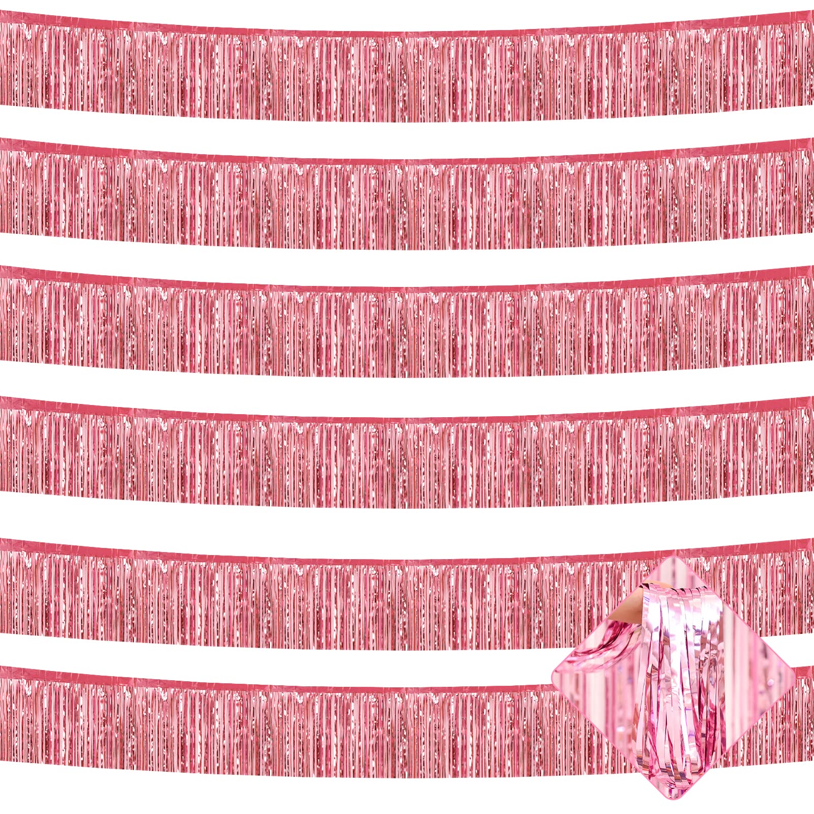 6 Pack 10 Feet Foil Fringe Garland Metallic Tinsel Streamers Banner Wall Hanging Curtain Backdrop for Parade Floats, Bachelorette, Wedding, Birthday, Halloween, Christmas Party Decorations(Pink)