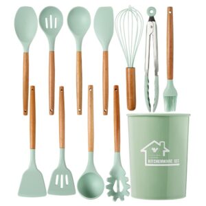 Kitchen Silicone Cooking Utensils Set with Wooden Handle. 446°F Heat Resistant, BPA free, Dishwasher Safe Non-Stick Silicone Kitchen Gadgets Cookware Set(12pcs Set) (Light Green)