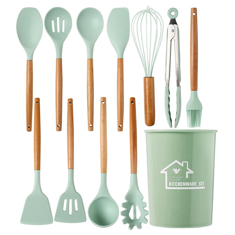 Kitchen Silicone Cooking Utensils Set with Wooden Handle. 446°F Heat Resistant, BPA free, Dishwasher Safe Non-Stick Silicone Kitchen Gadgets Cookware Set(12pcs Set) (Light Green)