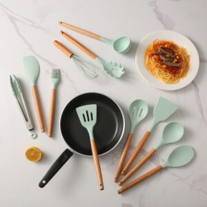 Kitchen Silicone Cooking Utensils Set with Wooden Handle. 446°F Heat Resistant, BPA free, Dishwasher Safe Non-Stick Silicone Kitchen Gadgets Cookware Set(12pcs Set) (Light Green)