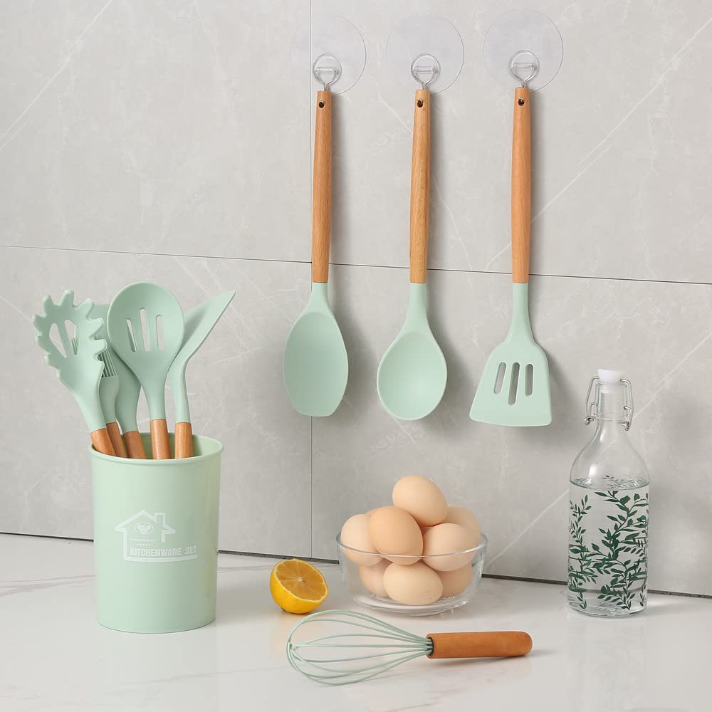 Kitchen Silicone Cooking Utensils Set with Wooden Handle. 446°F Heat Resistant, BPA free, Dishwasher Safe Non-Stick Silicone Kitchen Gadgets Cookware Set(12pcs Set) (Light Green)