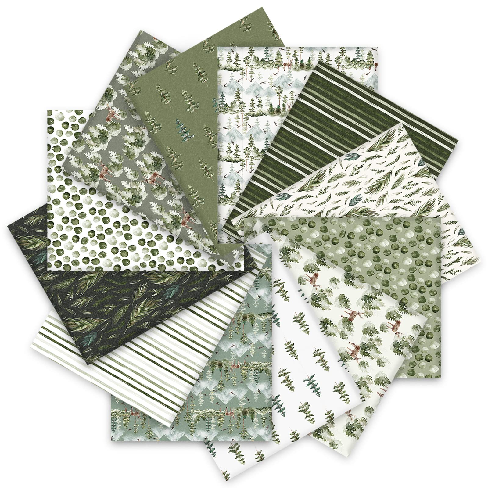 Whaline 12Pcs 18" x 22" Christmas Fat Quarter Fabric Bundles Watercolor Green Christmas Tree Printed Quilting Patchwork Cotton Craft Fabric Pre-Cut Square Sheets for DIY Patchwork Sewing Crafting