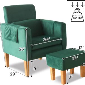 TAKUKA Modern Accent Velvet green Chair Upholstered Armchair with Ottoman Fabric Armchair and Footrest Set Comfy Reading Single Sofa for Living Room Bedroom (Velvet green)